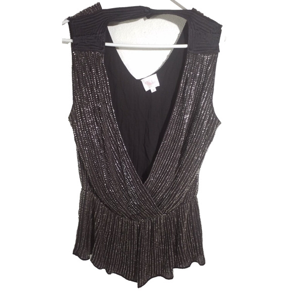 Parker Silk Beaded Sleeveless V Neck Faux Wrap Top Medium Black Boho - Picture 1 of 6
